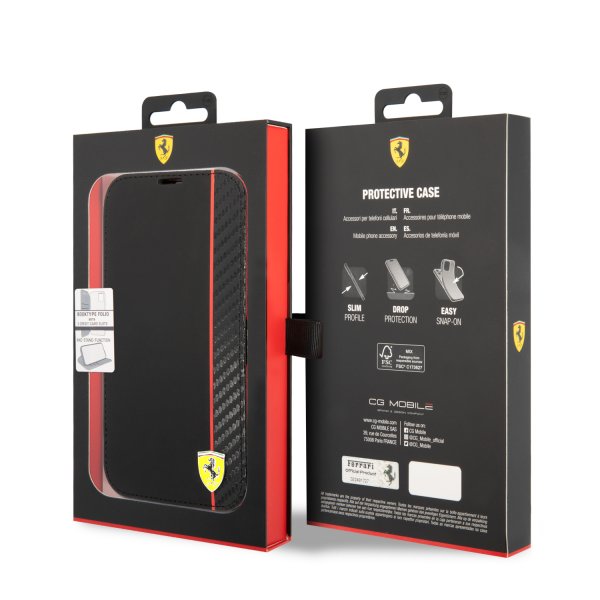 Ferrari iPhone 14 Pro -suojakuori, hiilikuitujäljitelmä, metallilogo, musta