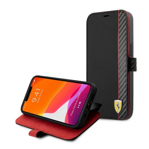 Ferrari iPhone 13 Carbon Effect Metal Logo Vertical Stripe Kotelo Musta