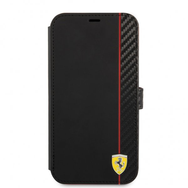 Ferrari iPhone 13 Carbon Effect Metal Logo Vertical Stripe Kotelo Musta
