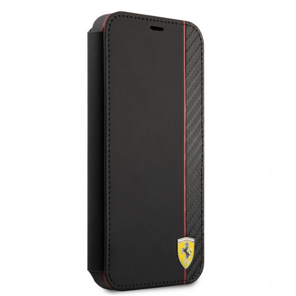 Ferrari iPhone 13 Carbon Effect Metal Logo Vertical Stripe Kotelo Musta