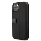 Ferrari iPhone 13 Carbon Effect Metal Logo Vertical Stripe Kotelo Musta