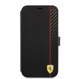 Ferrari iPhone 13 Mini Suojakuori Carbon Effect Metal Logo Vertical Stripe Musta