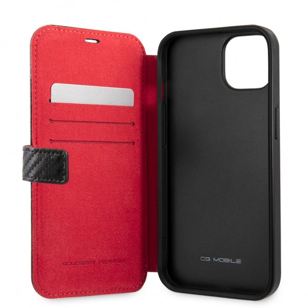 Ferrari iPhone 13 Mini Suojakuori Carbon Effect Metal Logo Vertical Stripe Musta