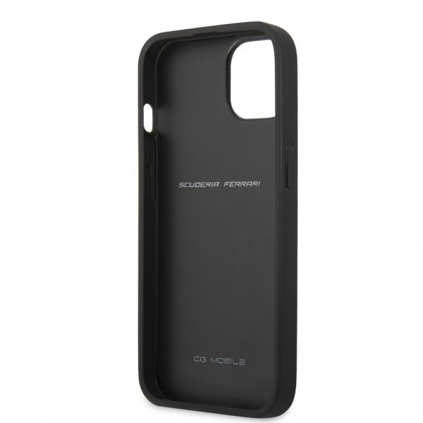 Ferrari iPhone 13 Kuori Carbon Effect Metal Logo Vertical Stripe Musta