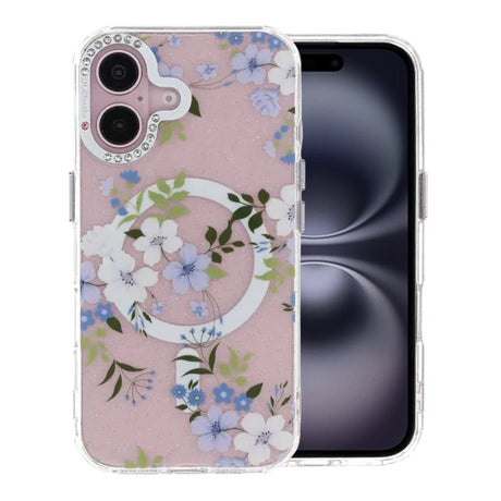 iPhone 16 Kuori kukkakuvio MagSafe Sininen