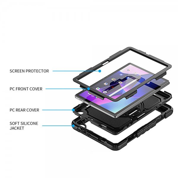 Armor-X Lenovo Tab M10 (3. sukupolvi) TB328-kuori, sateenkestävä iskunkestävä kotelo, käsihihna ja jalusta