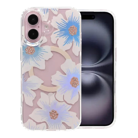 iPhone 16 Kuori Kukkakuvioinen Strassi MagSafe Sininen Violetti