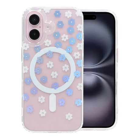 iPhone 16 Kuori Kukkakuvioinen Strassi MagSafe Sininen