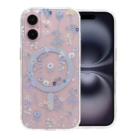 iPhone 16 Kuori Kukkakuvioinen Strassi MagSafe Violetti