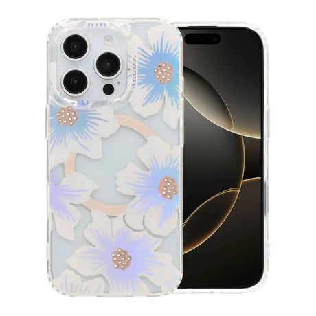 iPhone 16 Pro Kuori Kukkakuvioinen Strassi MagSafe Sininen Violetti