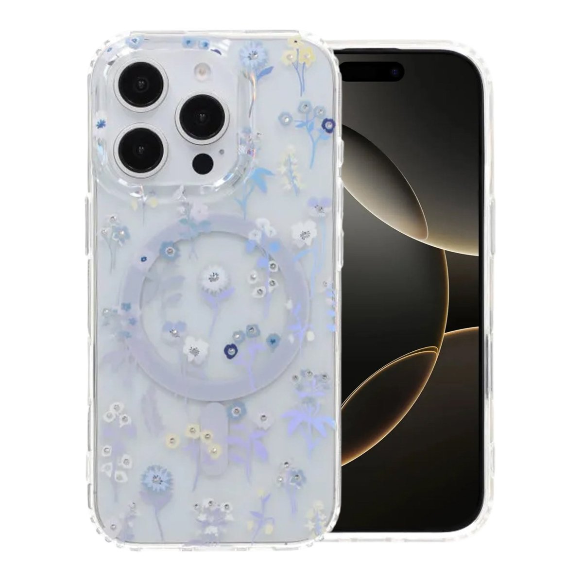 iPhone 16 Pro Kuori Kukkakuvioinen Strassi MagSafe Violetti