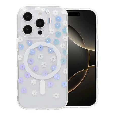 iPhone 16 Pro Max Kuori Kukkakuvioinen Strassi MagSafe Sininen
