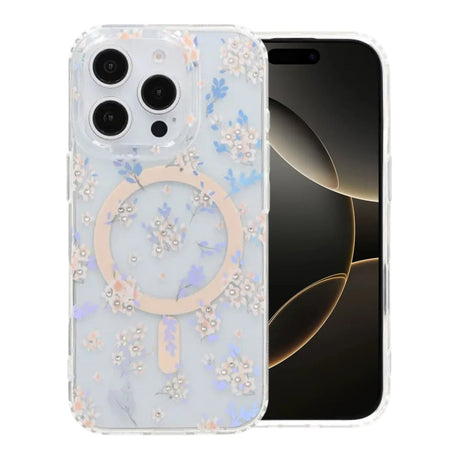 iPhone 16 Pro Max Kuori Kukkakuvioinen Strassi MagSafe Vaaleanpunainen