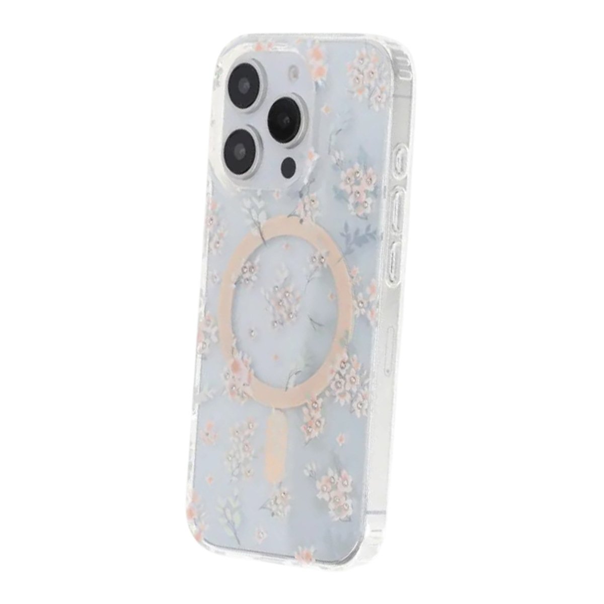 iPhone 16 Pro Max Kuori Kukkakuvioinen Strassi MagSafe Vaaleanpunainen