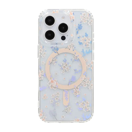 iPhone 16 Pro Kuori Kukkakuvioinen Strassi MagSafe Vaaleanpunainen