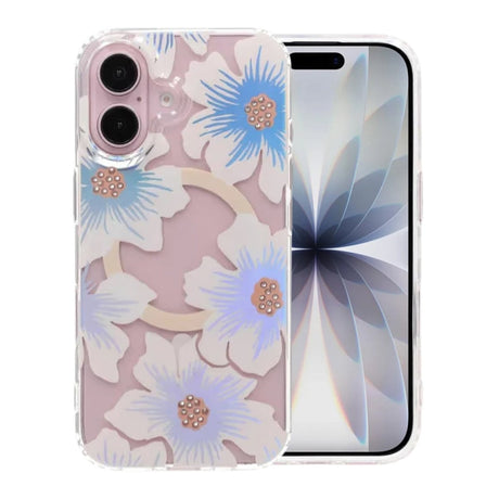 iPhone 17 Kuori Kukkakuvioinen Strassi MagSafe Sininen Violetti