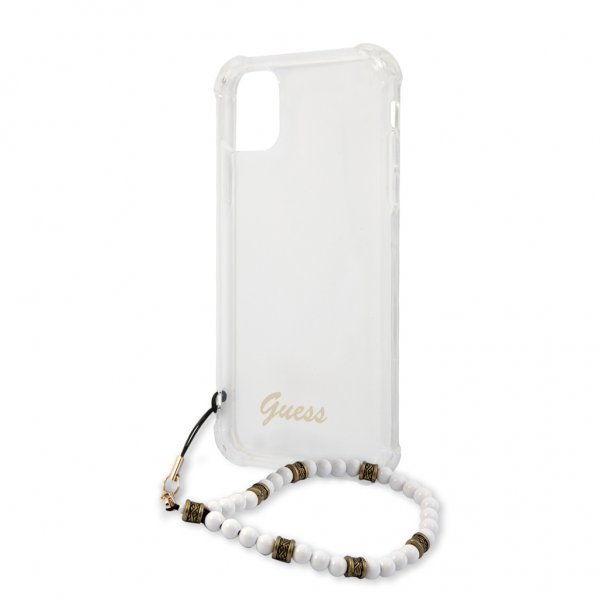 Guess iPhone 11 -suojakuori Script & Pearls, valkoinen/läpinäkyvä