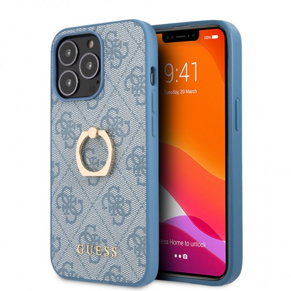 Guess iPhone 13 Pro -suojakuori, rengasjalusta, sininen