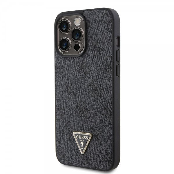 Guess iPhone 15 Pro Max Kuori Metal Logo Strass Crossbody Strap Musta