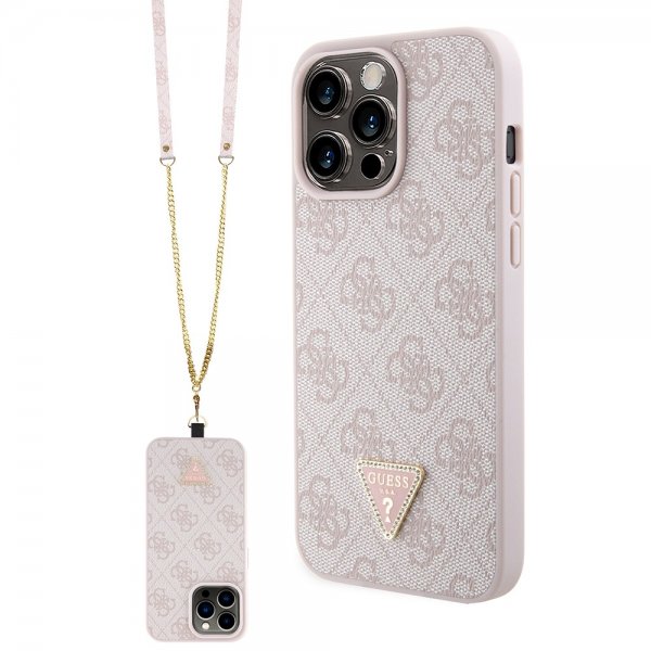 Guess iPhone 15 Pro Max Kuori Metal Logo Strass Crossbody Strap Ruusu