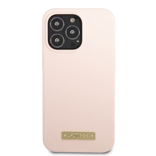 Guess iPhone 13 Pro -silikonikuori, jossa on MagSafe-metallilevy, pinkki