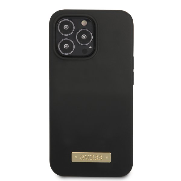 Guess iPhone 13 Pro Max kuori silikoninen metallilevy MagSafe musta
