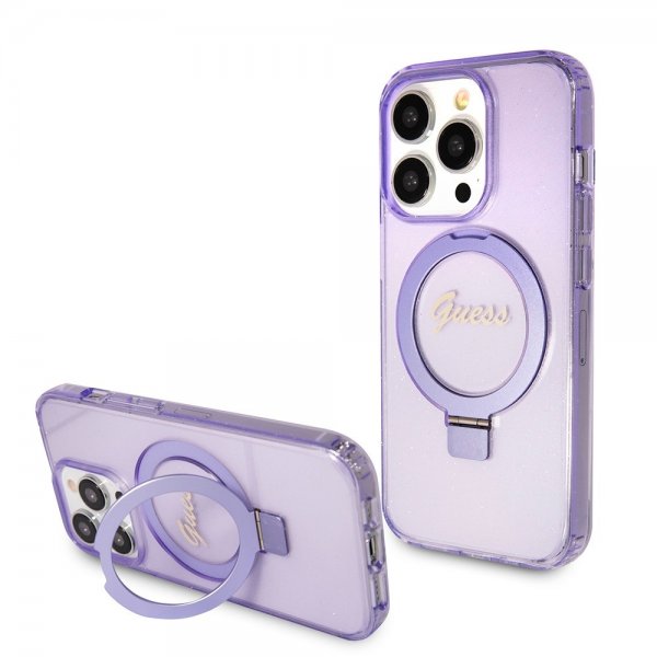 Guess iPhone 15 Pro Max Kuori Sormusteline Glitter MagSafe Violetti