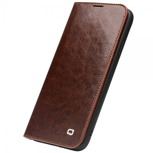 Qialino iPhone 11 Pro Max -kotelo, aitoa nahkaa, korttipaikat, ruskea