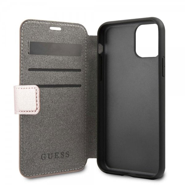 Guess iPhone 11 Pro Max -kotelo, nahkakuvio, ruusukulta