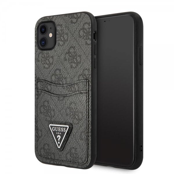 Guess iPhone 11 -suojakuori, Double Cardslot Metal Triangle, musta