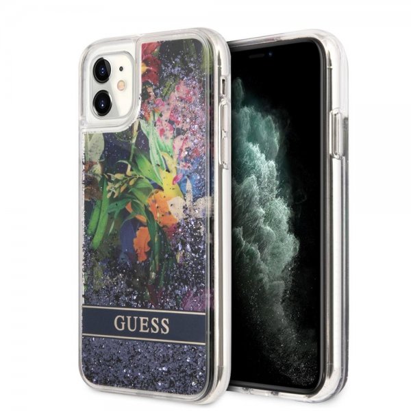 Guess iPhone 11 -suojakuori Liquid Glitter Flower Pattern sininen