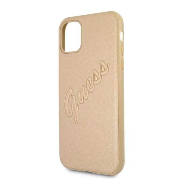 Guess iPhone 11 -suojakuori, Saffiano Vintage Script, kulta