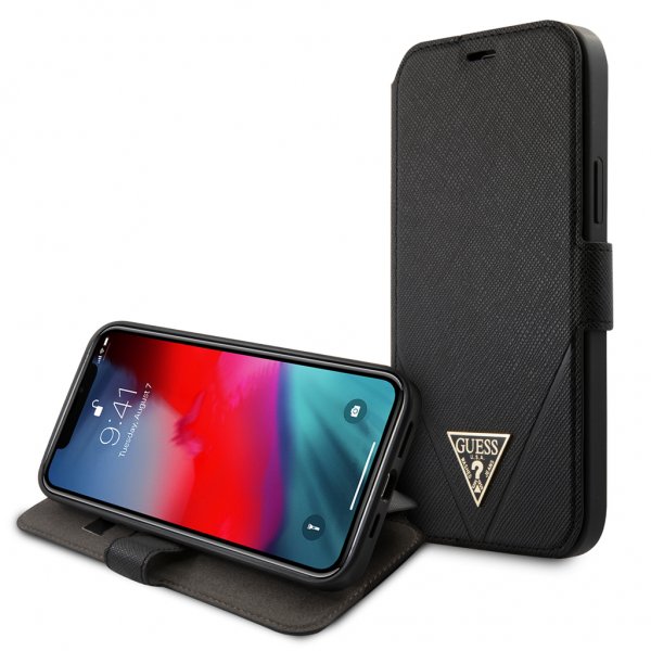 Guess iPhone 12/iPhone 12 Pro Kotelo Gold Triangle Saffiano Musta