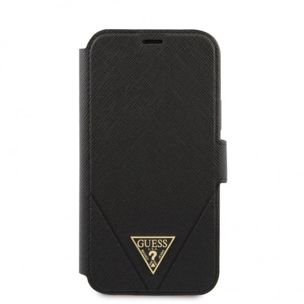 Guess iPhone 12/iPhone 12 Pro Kotelo Gold Triangle Saffiano Musta