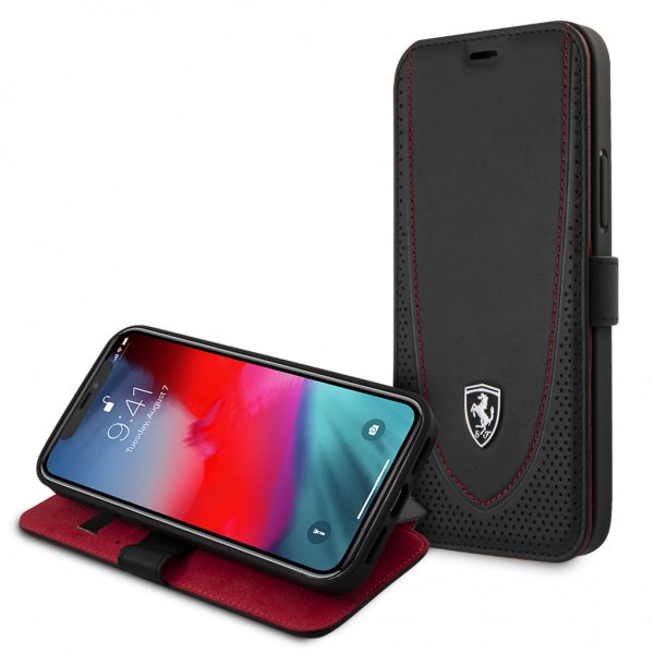 Ferrari iPhone 12/iPhone 12 Pro Kotelo Logo Perforoitu Musta