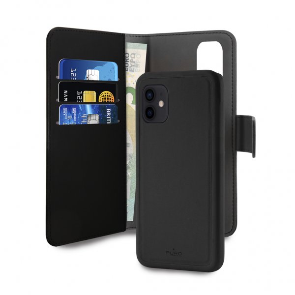 Puro iPhone 12/iPhone 12 Pro Wallet Detachable 2in1 -suojakotelo, musta