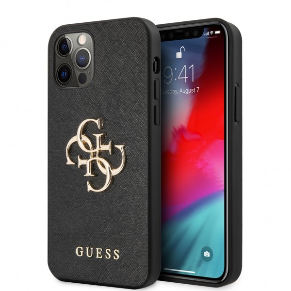 Guess iPhone 12/iPhone 12 Pro Kuori 4G Logo Saffiano Musta