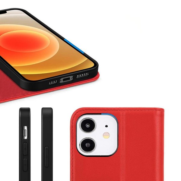 Rvelon iPhone 12 Mini Kotelo, Aitoa nahkaa, Punainen