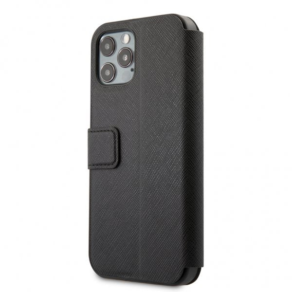 Guess iPhone 12 Pro Max -suojakuori, Gold Triangle Saffiano, musta