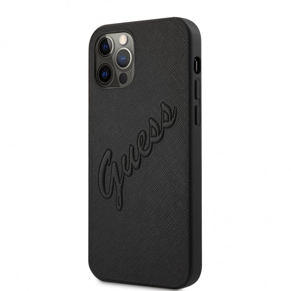 Guess iPhone 12 Pro Max -kuoret Saffiano Vintage Script Musta