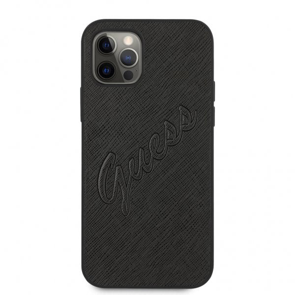 Guess iPhone 12 Pro Max -kuoret Saffiano Vintage Script Musta