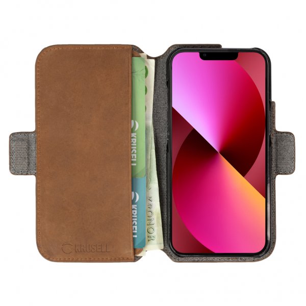 Krusell iPhone 13 -kotelo, nahkainen puhelinlompakko, konjakki