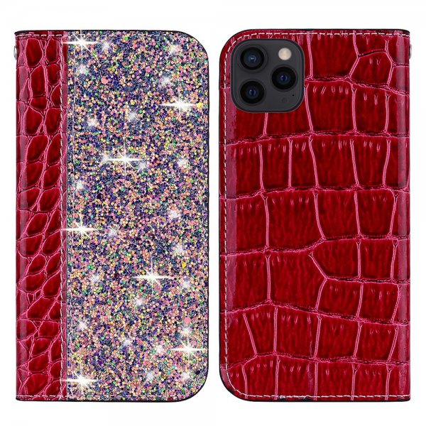 iPhone 13 Pro Suojakuori Krokotiilikuvio Glitter Flip Punainen