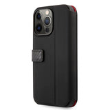 Ferrari iPhone 13 Pro Max -suojakuori, hiilikuitujäljitelmä, metallilogo, pystyraita, musta