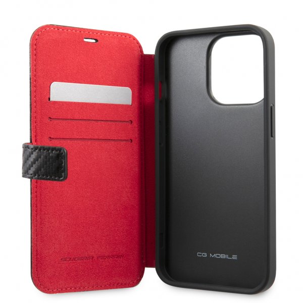 Ferrari iPhone 13 Pro Max -suojakuori, hiilikuitujäljitelmä, metallilogo, pystyraita, musta