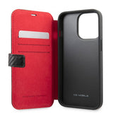 Ferrari iPhone 13 Pro Max -suojakuori, hiilikuitujäljitelmä, metallilogo, pystyraita, musta