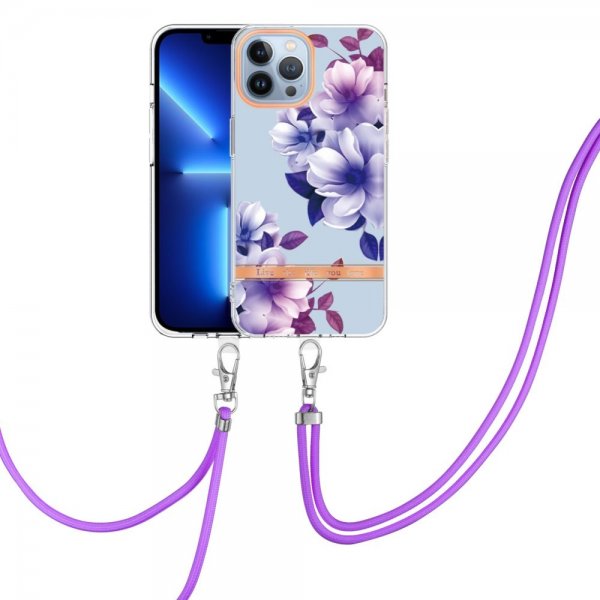 iPhone 13 Pro Max -kukonkuviosuojakuori ja hihna, lila Begonia