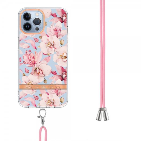 iPhone 13 Pro Max -kuoret kukkakuviolla ja hihnalla, vaaleanpunainen Gardenia