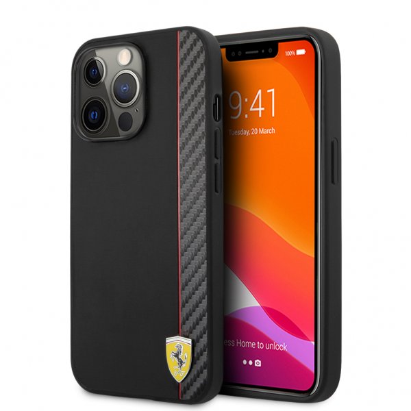 Ferrari iPhone 13 Pro Max -kuori, hiilikuituinen, metallilogolla, pystyraidallinen, musta