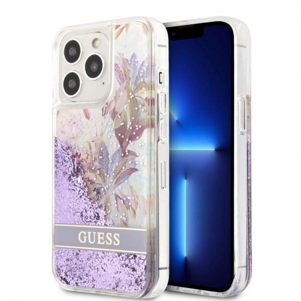 Guess iPhone 13 Pro Max -kuori Liquid Glitter Flower Pattern - violetti